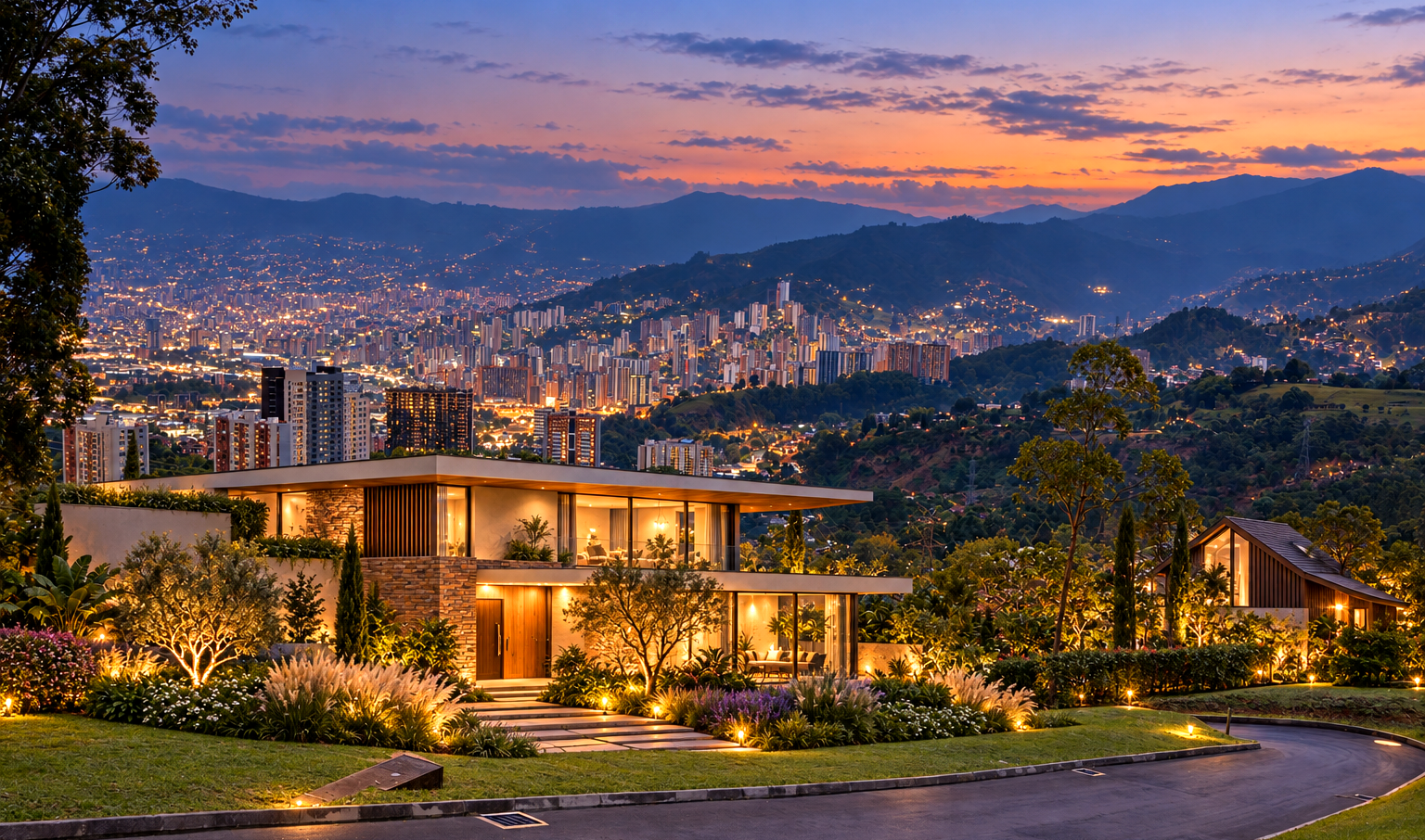 Visualización conceptual de una casa imaginada al atardecer con la ciudad de Medellín iluminada al fondo; la casa no existe ni está incluida