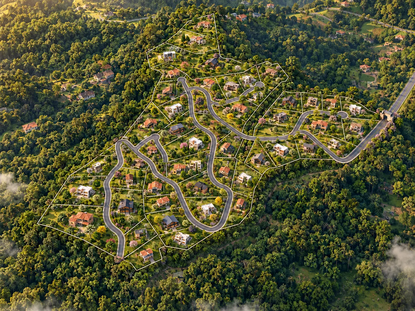 Visualización conceptual de la comunidad de Paradise: casas imaginadas sobre los lotes entre el bosque; las casas no existen ni están incluidas