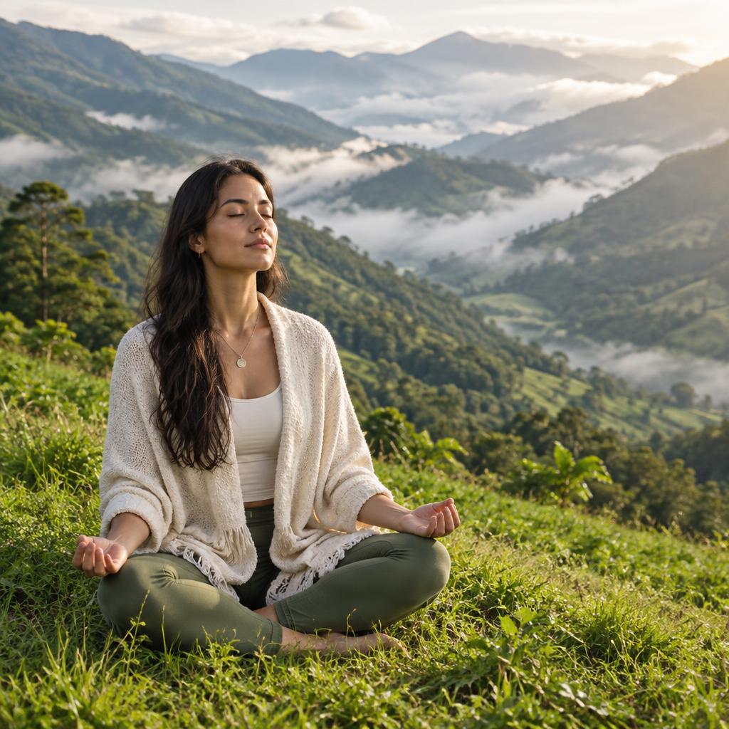 Escena ilustrativa de una mujer respirando con calma en la naturaleza