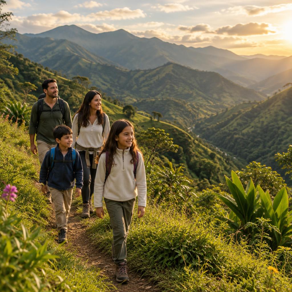 Escena ilustrativa de una familia caminando entre montañas