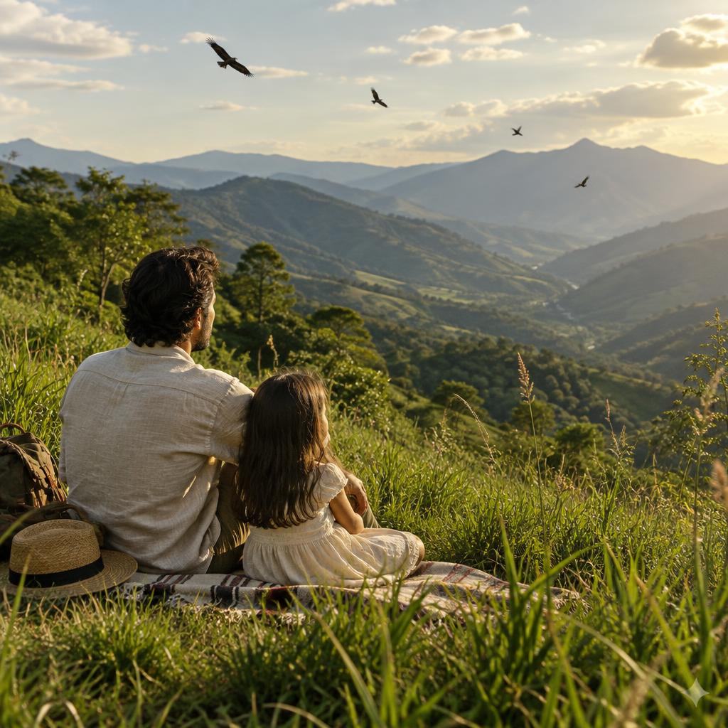 Escena ilustrativa de un padre y su hija contemplando las montañas